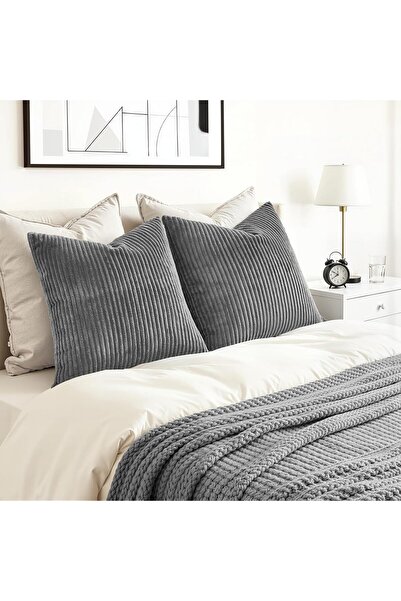 Puftic 2 li Kadife Dekoratif Kırlent Kılıfı Çizğili Desenli Yastık Kılıfı