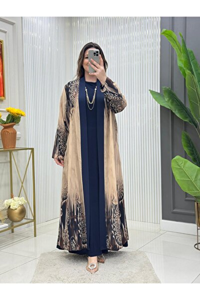 Modam Bella Plus Size Kimono & Beige Pattern Detailed Dress Set