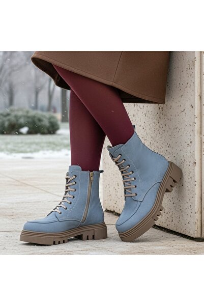 Modlet.ro Women's blue lace-up boots made of leather MOD10389