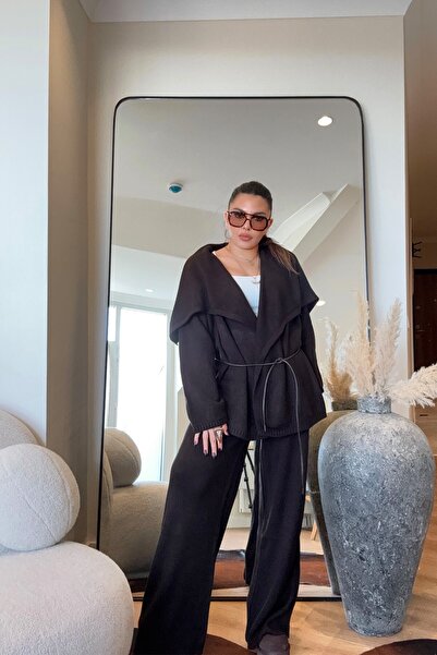 Sohotique By P Set de tricotaje cu guler șal cu șnur din piele, maro amar