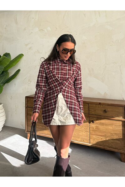 IŞILDA FASHION Asimetrik kesim ekoseli gömlek