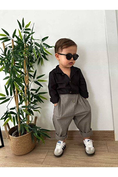 favorimkids Erkek Bebek Siyah Gömlek Gri Pantolon Takım