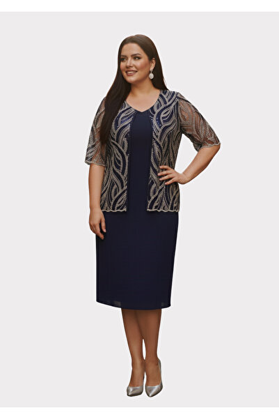 LİLAS XXL Büyük Beden Lacivert Renkli Krep Kumaş Kısa Abiye Elbise