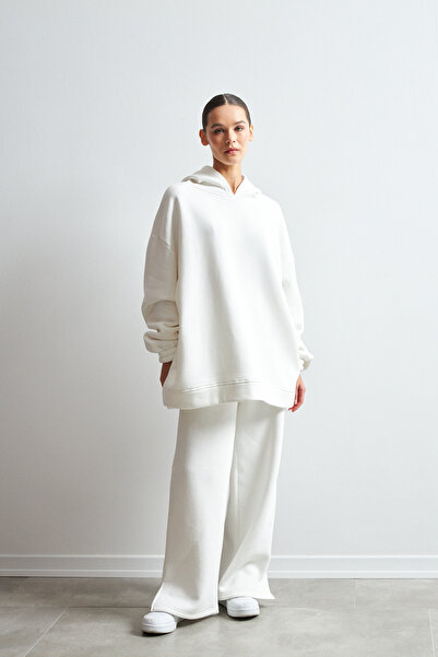 Yefrastore Women's Tracksuit Set Hooded Soft Textured Basic Double White