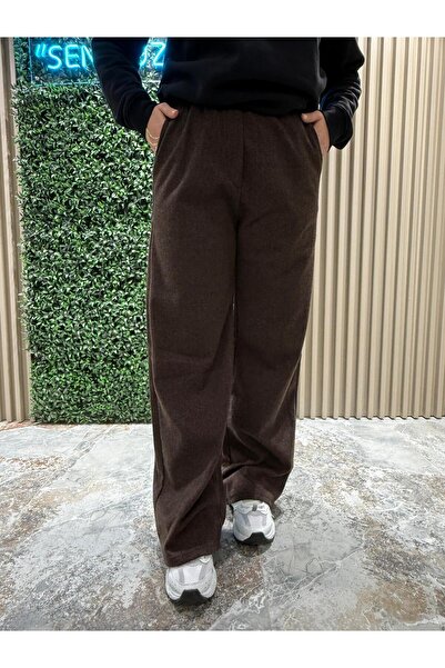 mor butik Women's Brown Jacquard Wide Leg Comfortable Thick Trousers