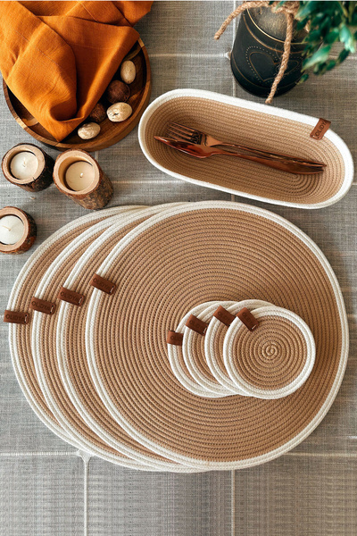 OLİDYA El Yapımı Jüt Supla Seti 4 Kişilik | Bardak Altlığı & Ekmek Sepeti Dah...