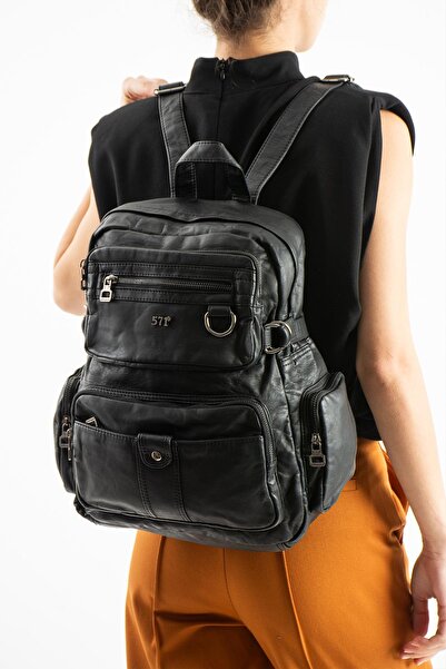 571 Collections Çanta Washed Leather Backpack (Polyurethane) Black Model:(571...