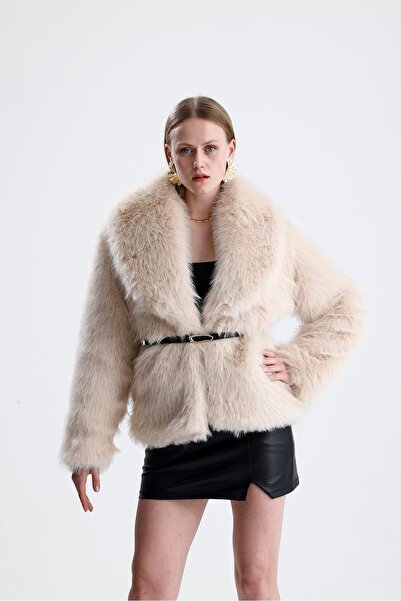 VELİZADE Women's Beige Shawl Collar Fur Coat with Leather Belt Thick Winter Warm