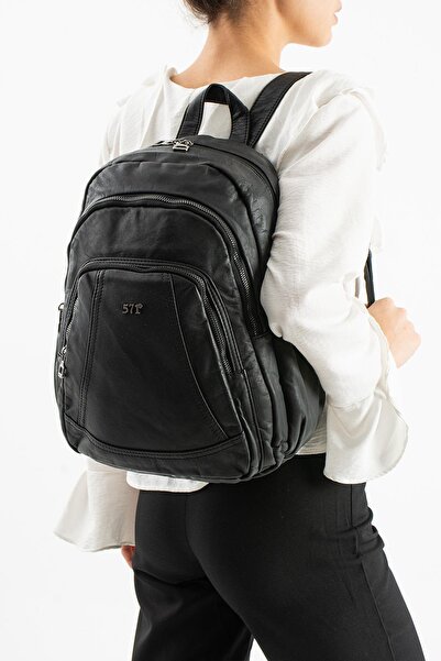 571 Collections Çanta Washed Leather Backpack (Polyurethane) Black Model:(571...