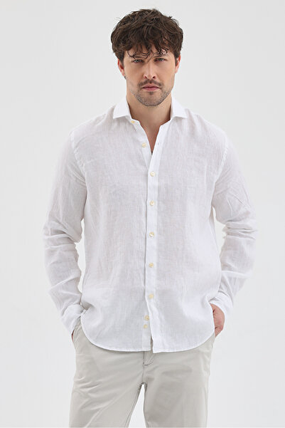 Frappoli Hulex Мъжка риза с редовна кройка, 100% лен, с дълги ръкави, бяла