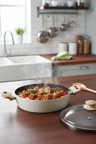 Masterchef 28 cm Seramik Basık Karnıyarık Tencere – Ahşap Kulplu, Cam Kapaklı...