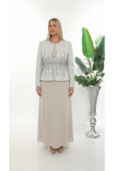 MİSS DİAMOND Stone Jacquard Woven Beige Long Skirt Three-Piece Set