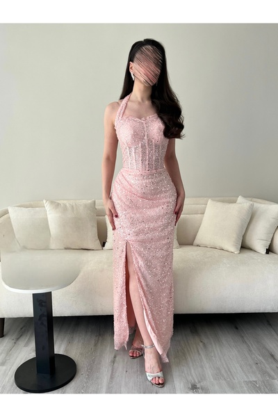 TOP BERLANTY Rose Glitter Evening Dress - Pink with a charming beaded shimmer