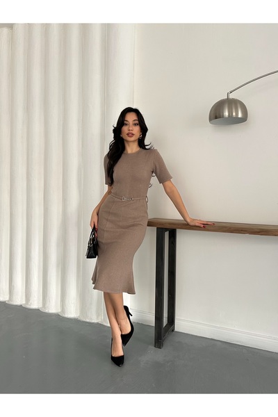 LE CARAMBOLE Women's Mink Belt Detailed Thessaloniki Fabric Dress