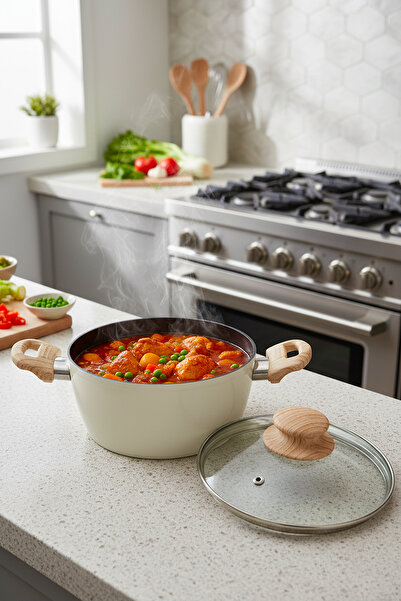 Masterchef وعاء سيراميك عميق 18 سم - مع مقابض خشبية، غطاء زجاجي، وعاء غير لاص...