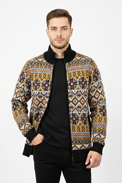 Pulltonic Men's Half Turtleneck Ethnic Patterned Cardigan