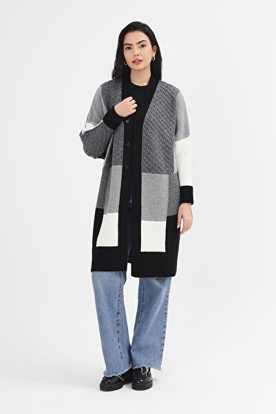 Uludağ Women's Buttoned V-Neck Long Patchwork Pattern Knitwear Cardigan 30044