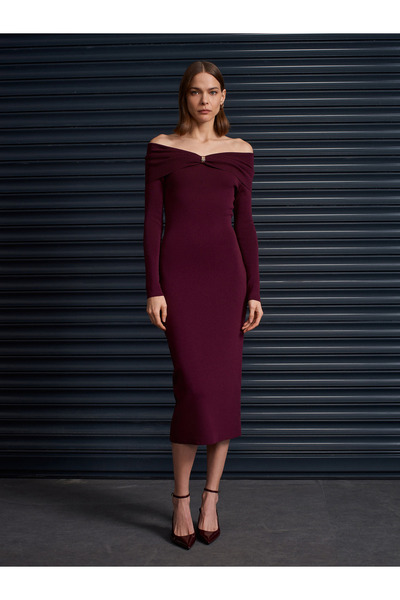 Dilvin 90261 Off-The-Shoulder Bow Detail Knit Dress-Burgundy