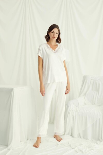 MONAMİSE Women'S, Ecru, 94% Viscose 6% Elastane, Short Sleeve V-Neck Lace Paj...