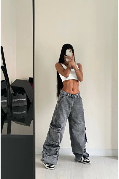 Alien 1979 Kadın Gri Oversize Bol Paça Kargo Jean Street Style