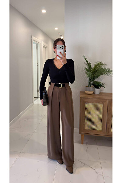 BİRCANÇİL Ketryy Khaki Bridge Detailed Belted Palazzo Pants