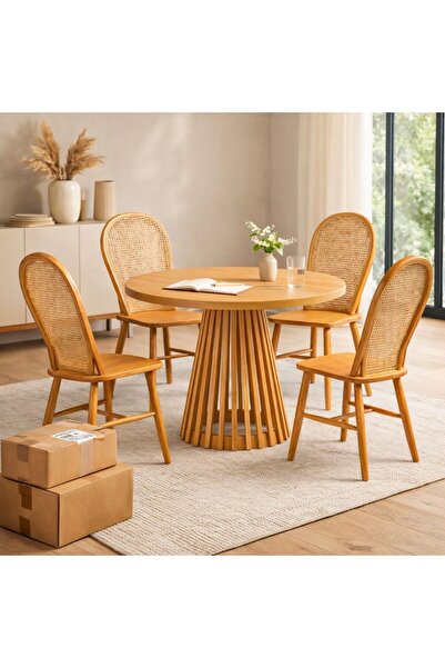Albero Home 90 cm Yuvarlak Ahşap Masa Takımı (4 Sandalyeli) | Kayın Kaplamalı...