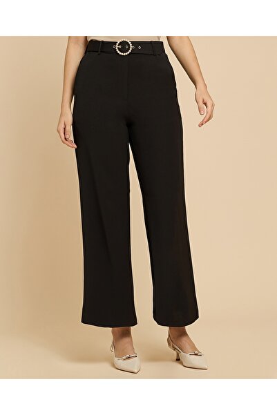 R&B Solid Wide Leg Trousers with Button Closure