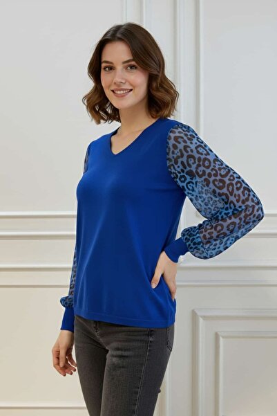 Yağmur Butik Πλεκτά με λαιμόκοψη V και μανίκια με λεοπάρ σχέδιο