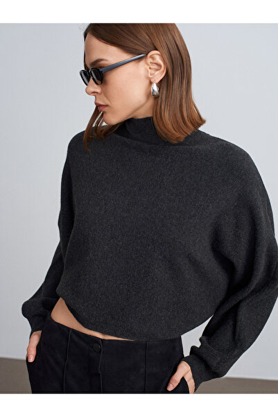 Dilvin 10849 Mock Neck Batwing Sleeve Sweater-Anthracite