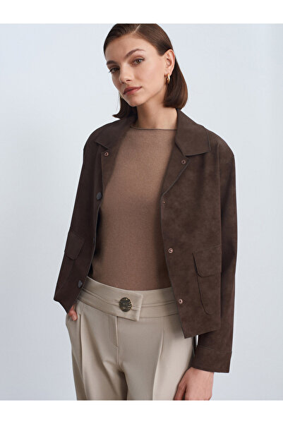 Dilvin 60782 Jachetă din piele intoarsa cu detaliu de buzunar-maro