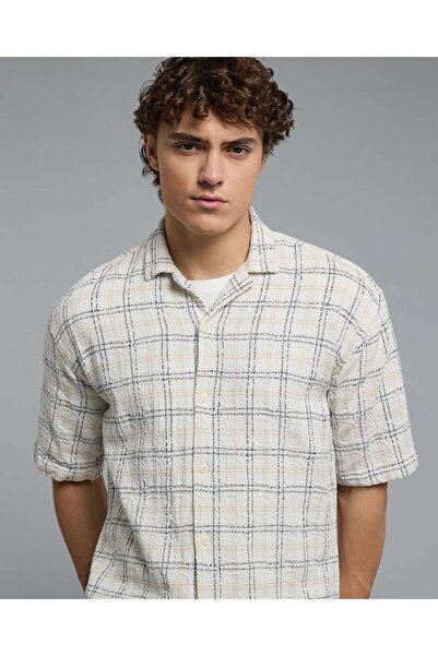 R&B Plaid Shirt with Revere Collar and Short Sleeves