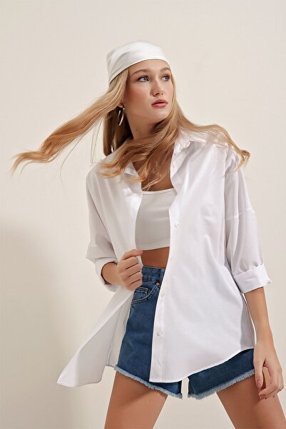 MODAMERSİ Women's White Oversize Long Basic Shirt