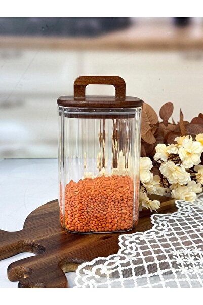 MİEN Borosilikat Çizgili Cam Kavanoz Akasya Kapak Kare Model 1100 Ml TKEBT Şe...