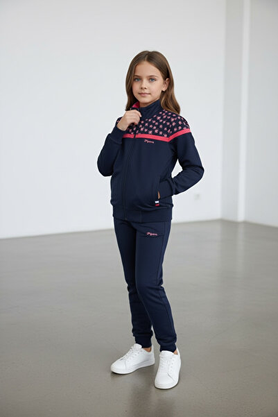 Piyera Girl's Elastic Leg Zippered Navy Blue Tracksuit Set - 40006