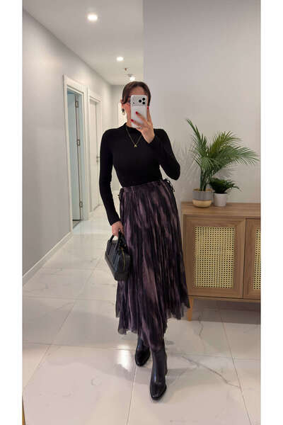 BİRCANÇİL Wusca Black Burgundy Patterned Asymmetrical Cut Skirt