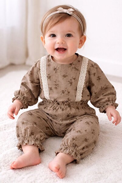 Babyhola Dantel Detaylı Çiçek Desenli Müslin Bayramlık Kız Bebek Takım Üst ve...