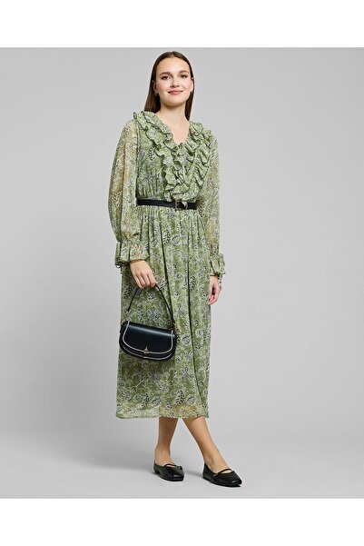 R&B فستان ميدي مطبوع بياقة على شكل حرف V وأكمام منفوخة