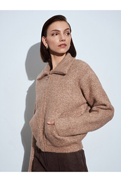 Dilvin 61003 Wool Blend Zippered Knitwear Cardigan-Dark Beige