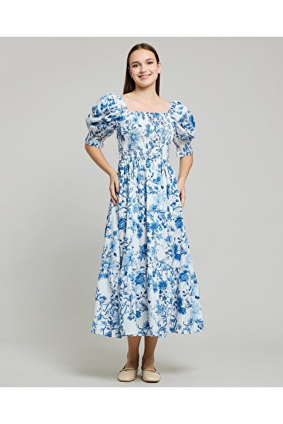 R&B Printed Midi Dress with Square Neck and Puff Sleeves