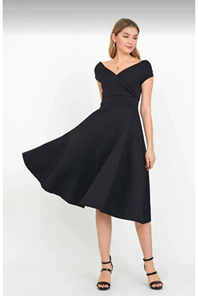 Bupel Off Shoulder Skirt Pleated Crepe Fabric Midi Dress