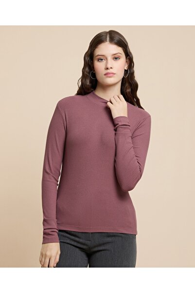 R&B بلوزة سادة بياقة دائرية وأكمام طويلة