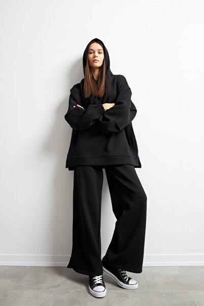 Yefrastore Women's Tracksuit Set Hooded Soft Textured Basic Double Black