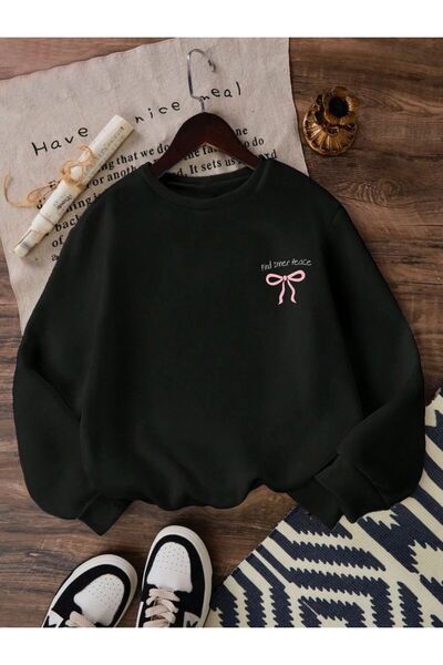 Kids Pembe Kurdele Baskılı Kız Kışlık Çocuk Sweatshirt Siyah