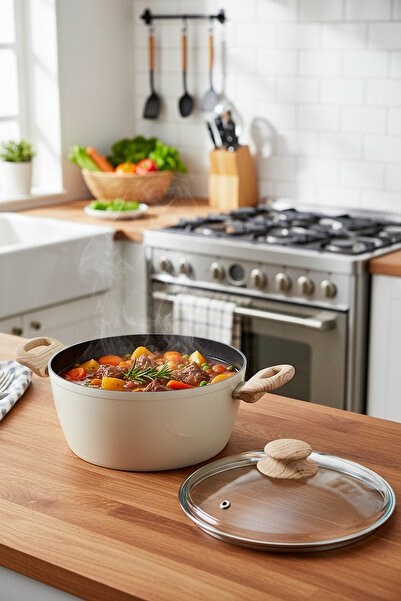 Masterchef وعاء سيراميك عميق 24 سم - مقلاة غير لاصقة بلون كريمي مع مقابض خشبي...