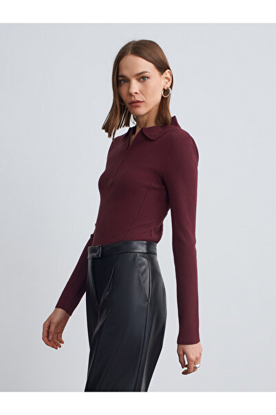 Dilvin 10862 Cashmere Blend Zippered Sweater-Burgundy