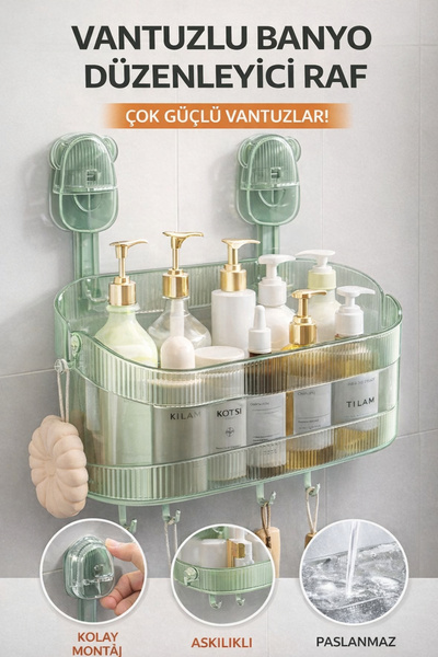 Ecuy Ultra Güçlü Vantuzlu Banyo Düzenleyici Raf Delmeden Duvara Monte Çok Ama...