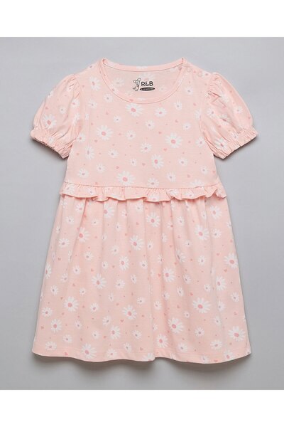 R&B Floral Print A-Line Dress with Crew Neck and Puff Sleeves