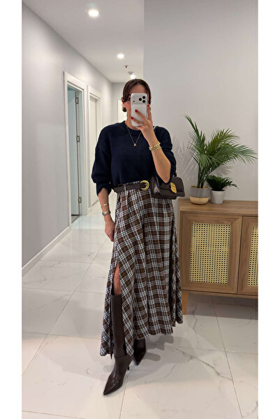 BİRCANÇİL Porsel Kahve Ekoseli Kemerli Etek