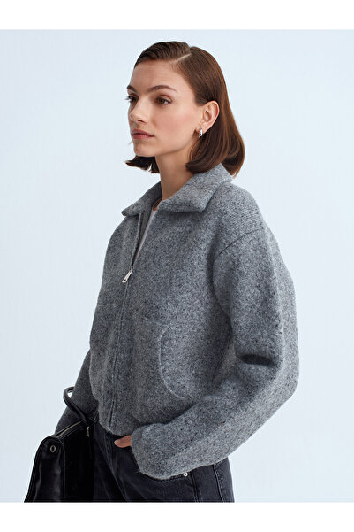 Dilvin 61003 Wool Blend Zippered Knitwear Cardigan-Smoked