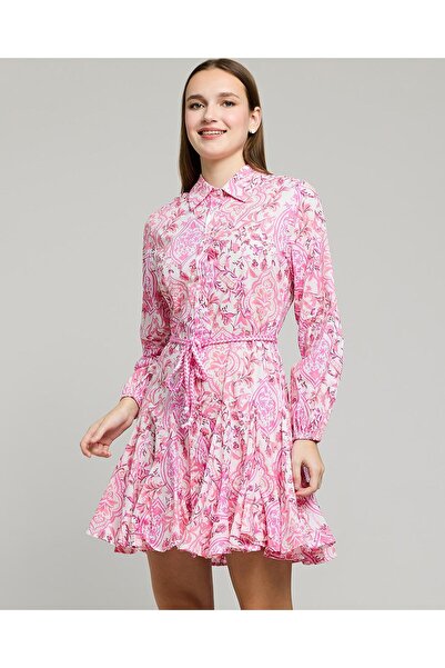 R&B Floral Print Shirt Dress with Long Sleeves